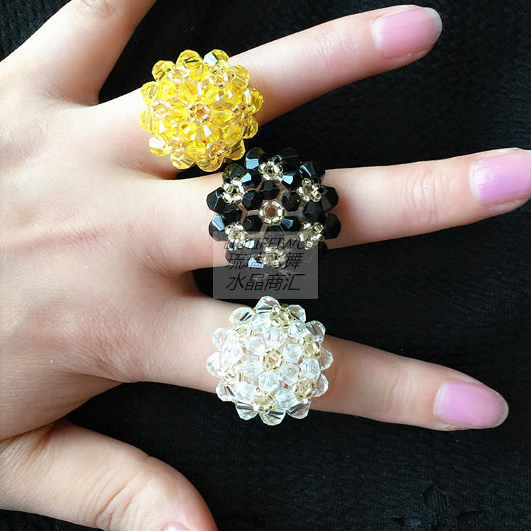 水晶新款手工编织红黑色彩色花朵戒指女款精致爱心指环蝴蝶配饰