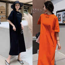 Summer dress plus fat size maternity dress Korean version of cotton short sleeve t-shirt over knee loose dress Joker ins long skirt tide