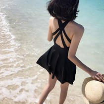 South Koreas new black plus size swimsuit female fat mm conservative one-piece skirt flat angle thin belly cover hot spring swimming suit