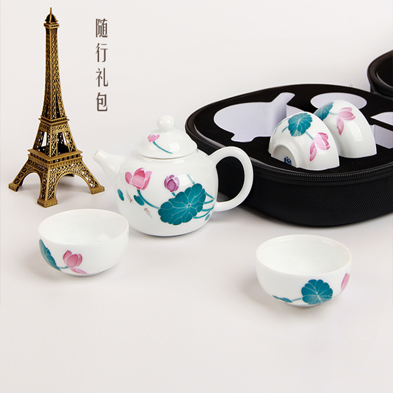 Liling porcelain kung fu tea set travel under the glaze of a complete set of colorful hand - drawn suit portable their a pot of four cups