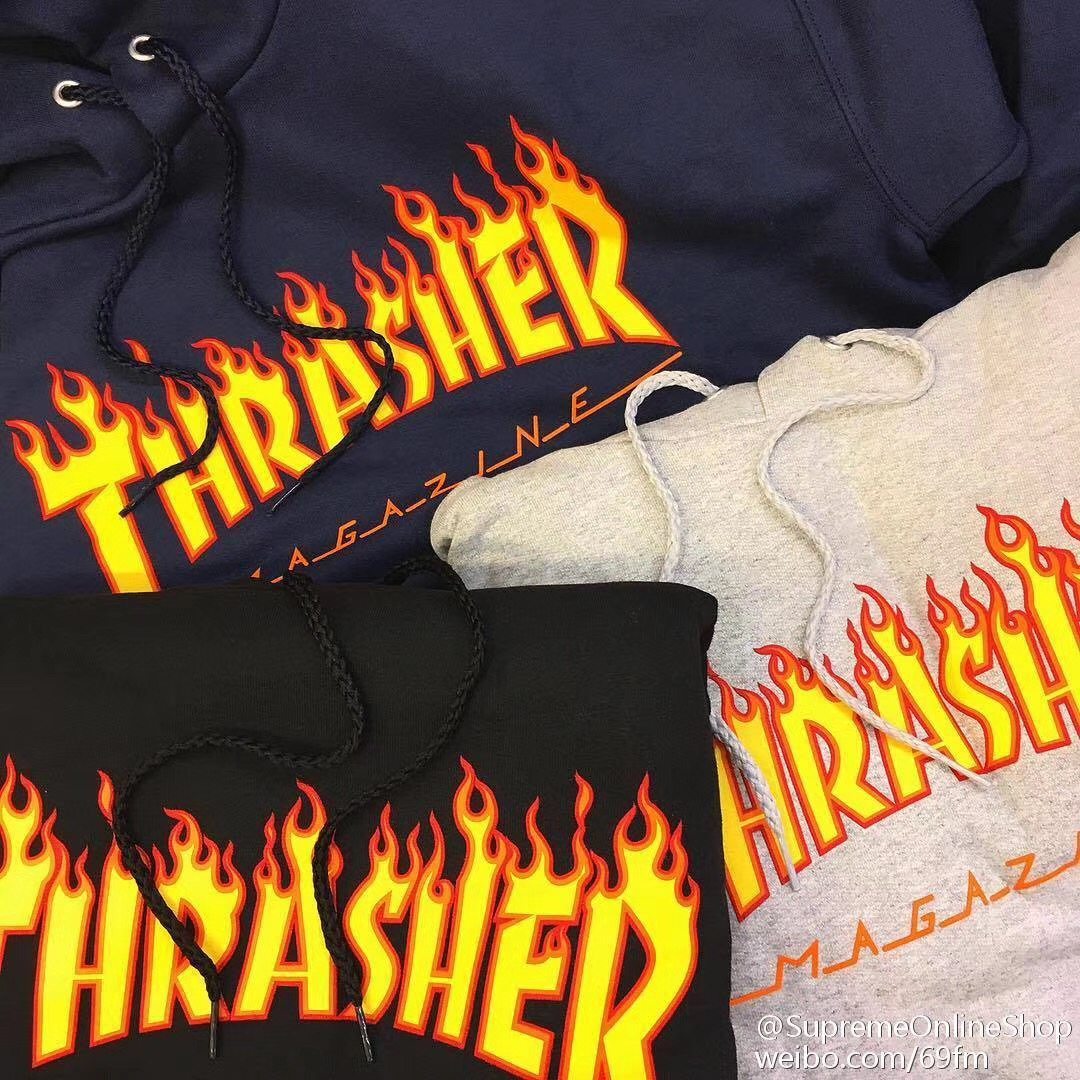 thrasher flame 日版 美版新款经典火焰字母加绒情侣男女帽衫卫衣