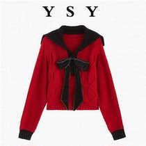 Large-yard fat mm design Ocean Butterfly-bow long sleeved red sweater new short short skinny age coat