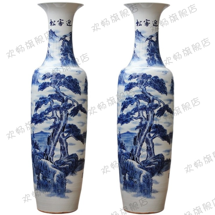 Jingdezhen ceramics hand - made guest - the greeting pine high landing craft large blue and white porcelain vase sitting room hotel decoration furnishing articles