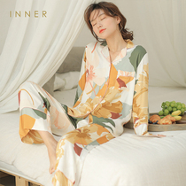 Heather Cotton Pyjamas Woman Spring Autumn Ins Long Sleeve Thin water ink Flower Mian silk Home Suits Two Suits