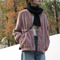 VNOOKFW recommended coat womens autumn and winter loose velvet thickened short rabbit plush baseball jacket