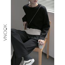 VNOOK 2021 new spring and autumn hem thread contrast color comfortable soft round neck pullover sweater for women