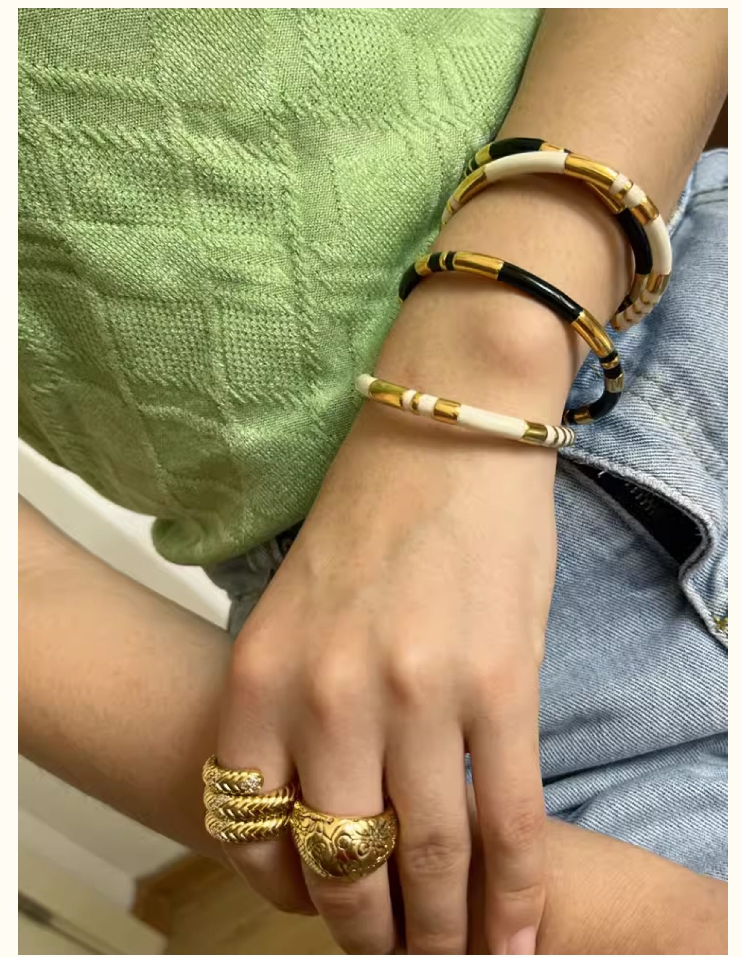 法国小众设计au*elieb*derm*nn黑白金色手镯欧美叠戴撞色细手环女