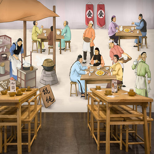 手绘古代人物馄饨面馆小吃墙纸中式餐厅大型壁画火锅店饭店3d壁纸_7折