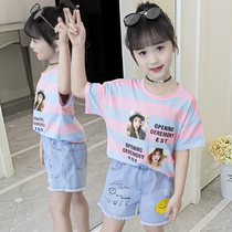 6 Girls Casual Suit Summer New Ocean Air Summer Clothing 10 Year Old Girl Short Sleeve T-shirt Denim Shorts Two Sets 8