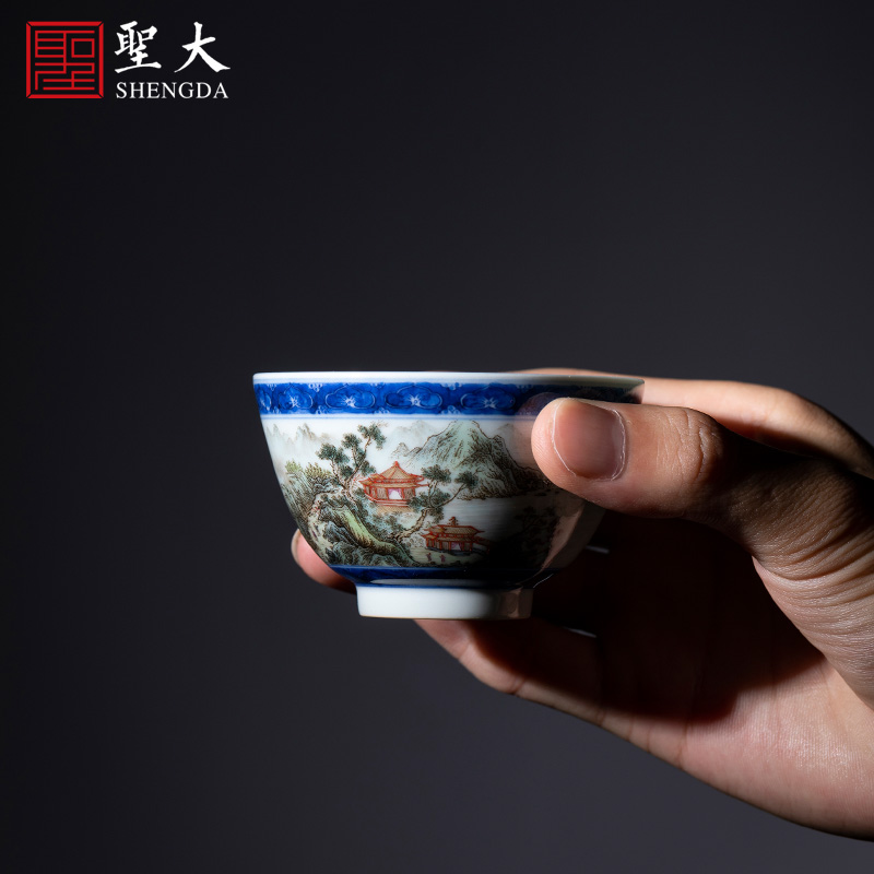 Santa teacups hand - made ceramic kungfu pastel landscape shelf linjiang figure masters cup sample tea cup of jingdezhen tea service