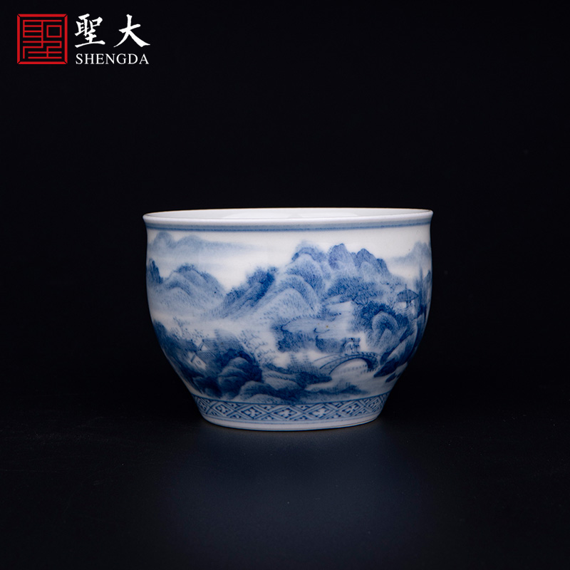 The big blue and white cylinder cup "nanshan implicit firewood" jingdezhen ceramic manual hand - made tea sample tea cup kung fu tea cups