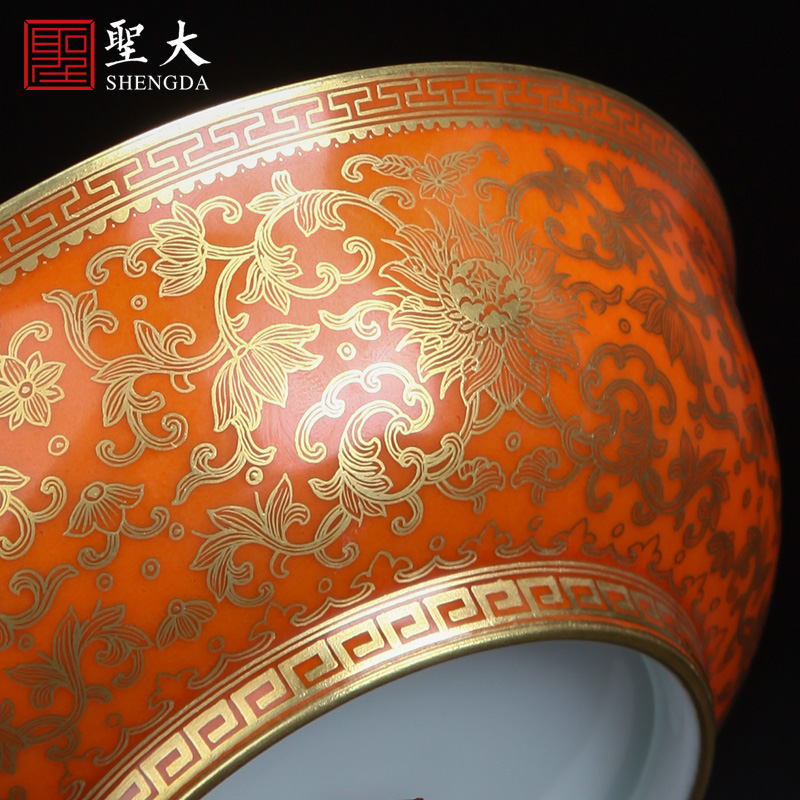 Holy big ceramic bowl with hand - made gold around coral red branch treasure grain green bowl is all hand jingdezhen bowls