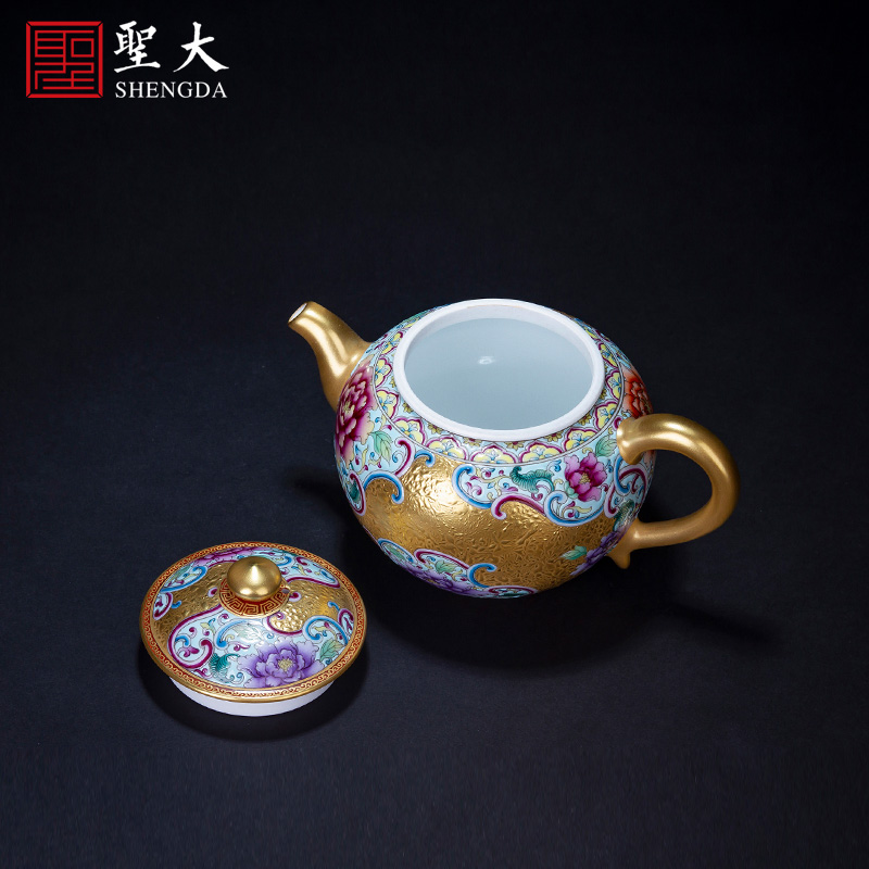 Holy big teapot hand - made ceramic kung fu colored enamel heap gold flower grain teapot teapot jingdezhen tea pot