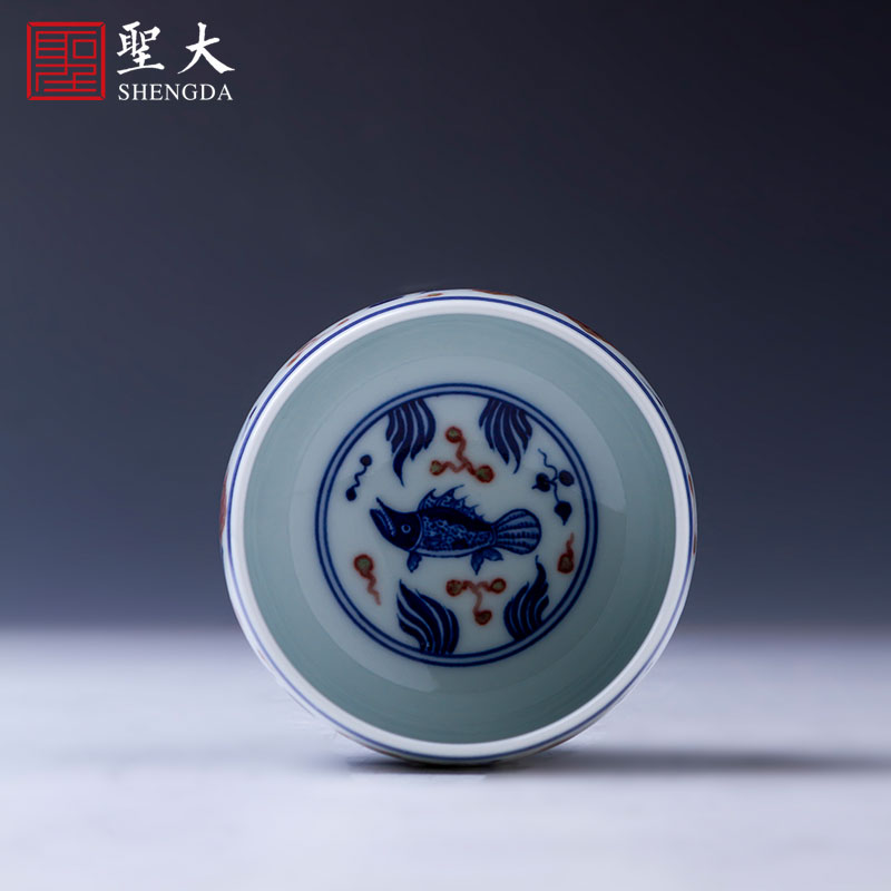 Santa kunfu tea sample tea cup hand - made ceramic blue youligong red fish algae lines lie fa cup jingdezhen tea by hand