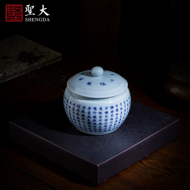 The big pure hand - made ceramic tea pot jingdezhen blue and white heart sutra caddy fixings store receives all hand tea accessories