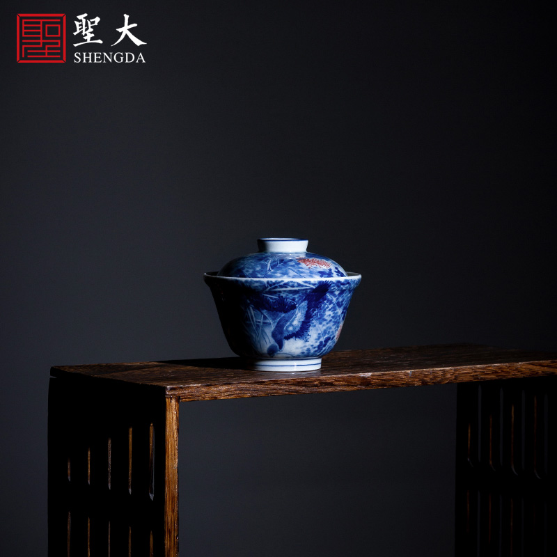 The large ceramic three tureen tea bowl of pure hand - made figure tureen jingdezhen blue and white LuYan tea set manually by hand