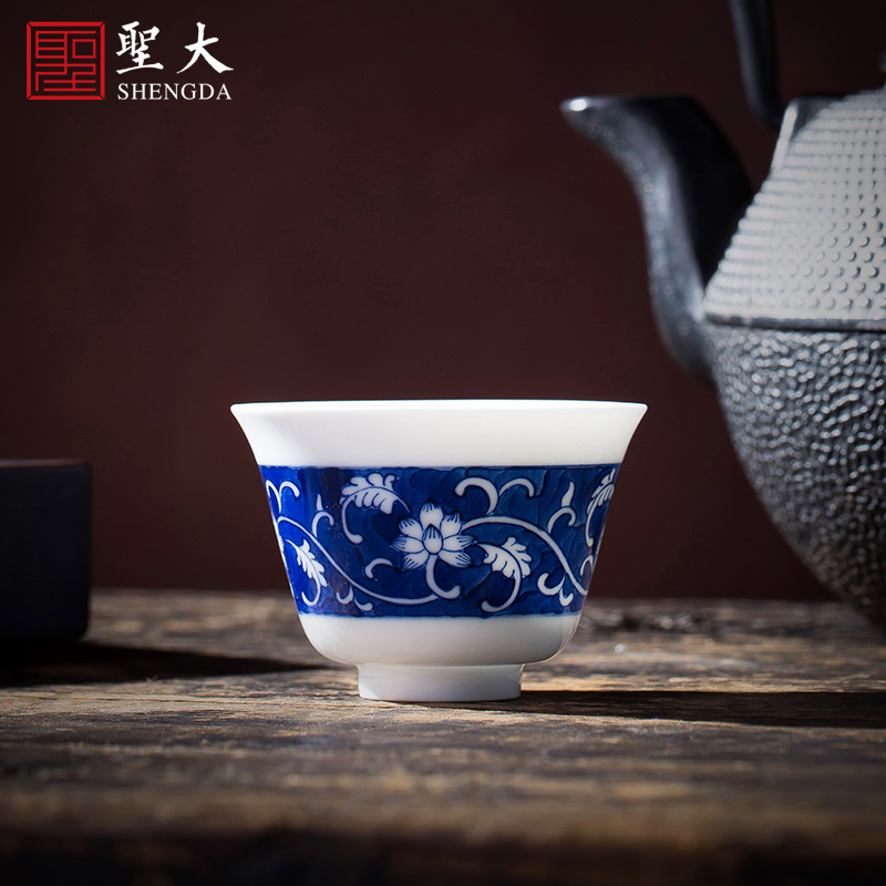 Holy big cup sample tea cup hand - made ceramic kung fu masters cup blue to tie up branches all hand of jingdezhen tea service