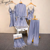 Silk Pajamas Women 2022 New Summer Thin Ice Silk Nightdress Five Piece Set Lace Sexy Suspender Dresses