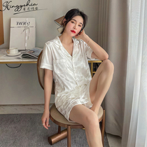 Silk pajamas premium sense women 2021 new summer ice silk short sleeves two-piece set plaid fashion homewear
