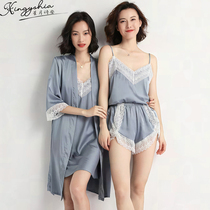 Premium Sense Pajamas Women 2022 New Summer Ice Ribbon Chest Cushion Sexy Silk Slip Dress Seven Piece Set