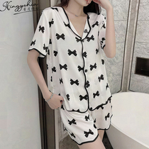 Bow pajamas womens short sleeves 2021 new summer ice silk premium sense of net red pop silk home clothes