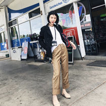 Chai Xiaofan French casual trousers simple cut 2020 Summer new waist roll edge nine casual pants Joker roll