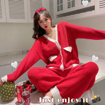 Xiaoxiangfeng Christmas red pajamas winter feminine new coral fleece plus velvet natal year home service spring and autumn