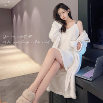 Sexy nightgown winter womens coral fleece plus velvet thick bathrobe long pregnant womens pajamas high-end nightdress spring and autumn