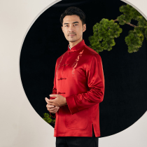 Chinese style Tang suit male long sleeve red jacket Chinese wind stand collar pan button for spring and autumn embroidery Heqing banquet Birthday Gown