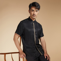 Chinese Style Tangled Mens Summer Short Sleeve Shirt China Wind Embroidery Upright Collar Pan Button Casual Mid Youth Thin dads Dad clothes