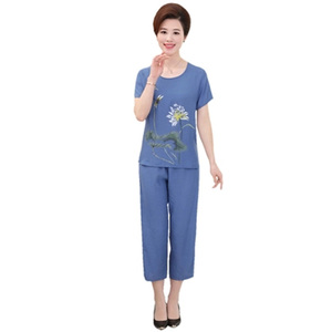 母亲节妈妈夏装套装4050岁2018夏新款潮中年妇女棉麻短袖两件套60