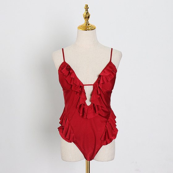 2025 lace charm retro red sexy deep V hollow ruffled one-piece suspender vest bikini swimsuit 2025 lace charm retro red sexy deep V hollow ruffled one-piece suspender vest bikini swimsuit
