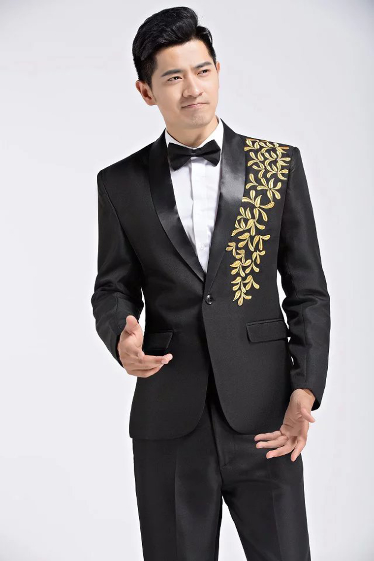 演出服男西服套装新款青果领绣花表演歌手主持人大合唱服装成人男