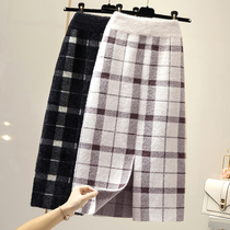 Mink velvet knitted skirt autumn and winter new thickened warm medium-long plaid one-step hip wool long skirt