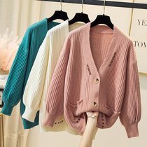 2020 autumn and winter new V-neck knitted cardigan womens wild thin pocket sweater loose lazy wind top
