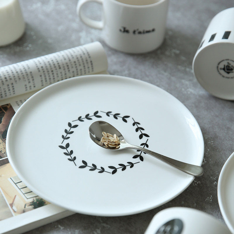 清新文艺风黑白英文图案 陶瓷盘子8寸平盘餐盘西餐盘蛋糕盘pz-41