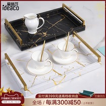 Nordic light luxury black gold marble leather household tray creative living room model room rectangular water Cup tray