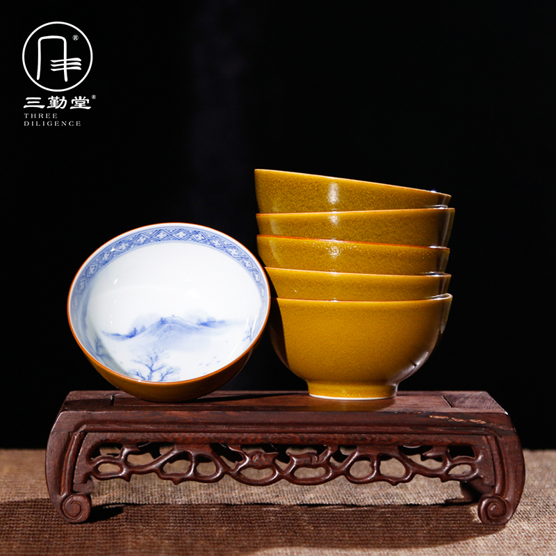 The three frequently hand - made master cup single cup sample tea cup jingdezhen blue and white porcelain tea set S43013 kung fu tea cups landscape