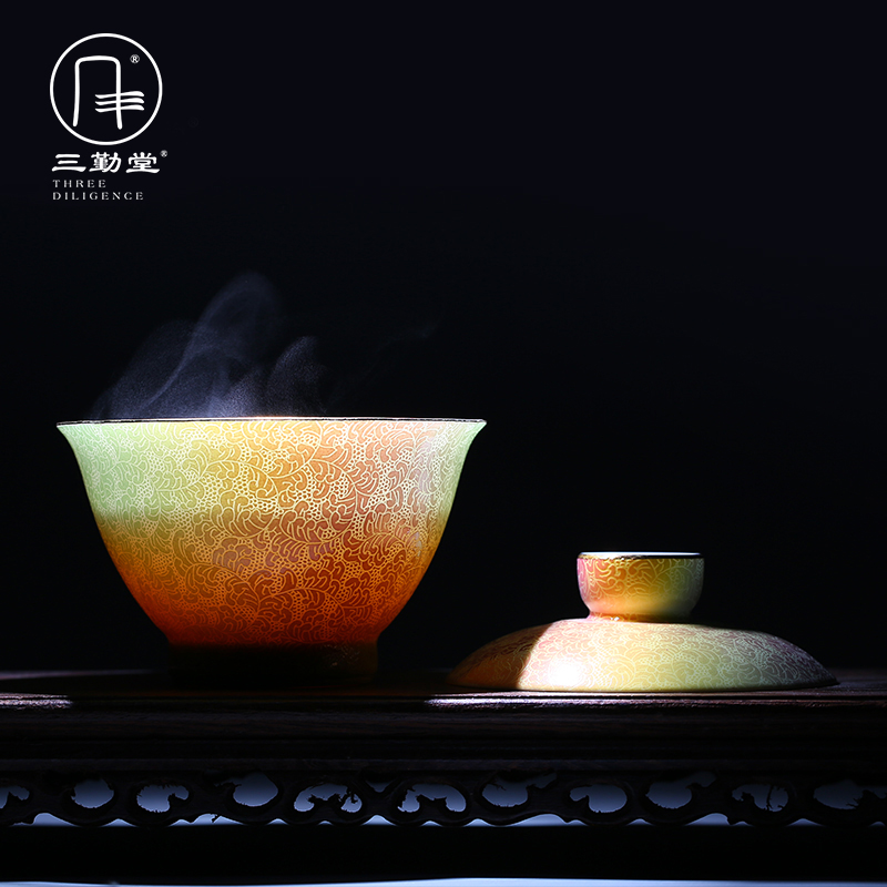 Three pick flowers frequently hall rolling way tureen jingdezhen ceramic cups kung fu tea tea ware bowl manually S12034