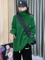 Green high collar Soft glutinous sweater Thickening Design Sensation small crowd Lazy Loose Retro exterior wearing bottom knit blouse