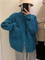 European Station net red high collar ultra-looking blouse Zipper Knit Cardiovert Klein Blue Sweater Jacket Autumn winter