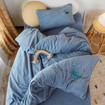 Cartoon childrens sheets three-piece boy baby autumn and winter thickened baby velvet dinosaur quilt cover kindergarten bedding