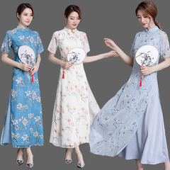 2018中国风复古女装中式修身改良旗袍奥黛上衣茶服连衣裙