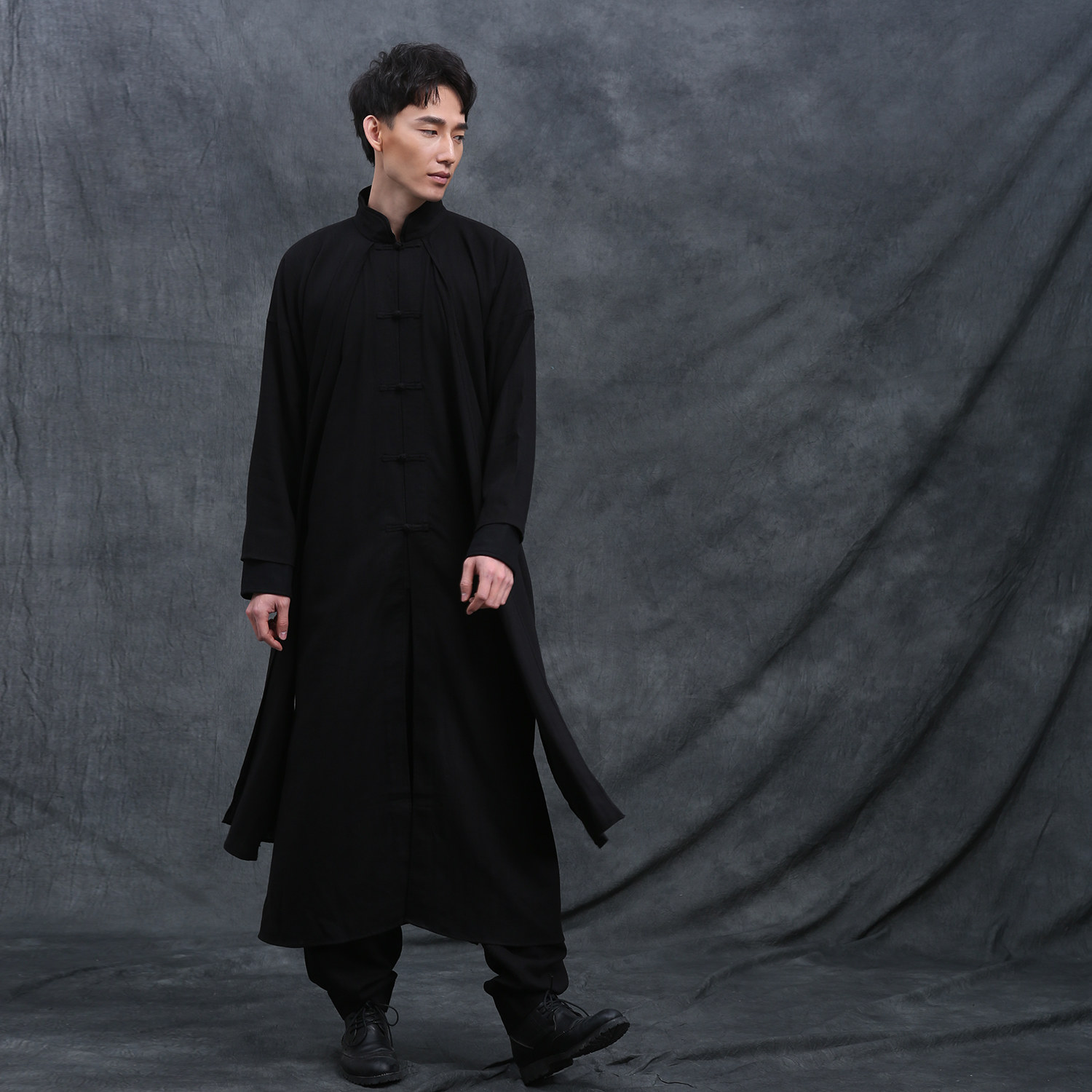 【静若心莲】cet-0005国风中式立领竹节麻男士双层长衬衫风衣外套