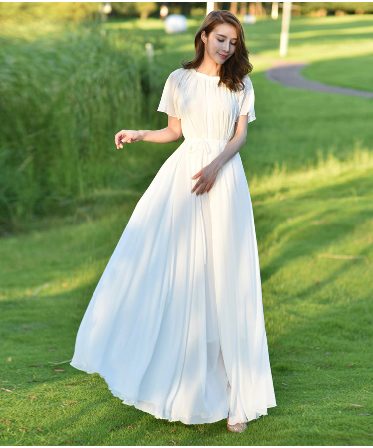 超大摆夏装短袖雪纺沙滩到及脚踝超长款裙子连衣裙长裙白色度假裙