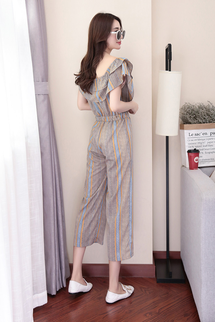 5145#实拍一字领条纹阔腿连衣裤露肩女荷叶边九分裤高腰连体裙