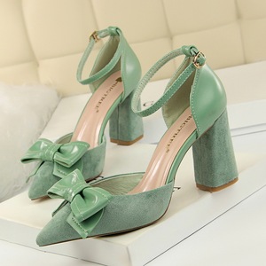 828-23 han edition with suede high heels sweet thick with shallow mouth pointed bow sandals, hollow out a word