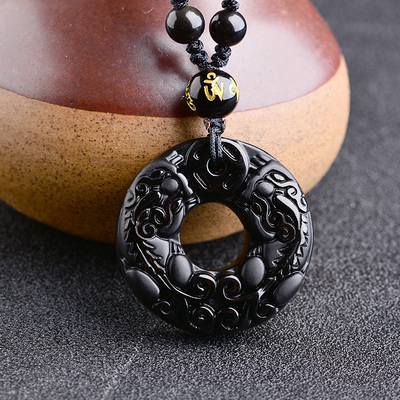 男款平安扣项链饰品更实惠-貔貅黑曜石平安扣,可吞纳万财,保佑平安