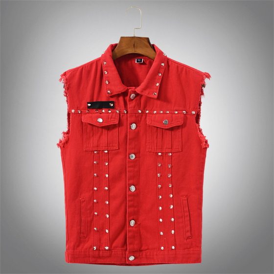 Red and black metal rivets bristled denim vest men's punk slim fit trendy vest vest singer performance
Red and black metal rivets bristled denim vest men's punk slim fit trendy vest vest singer performance