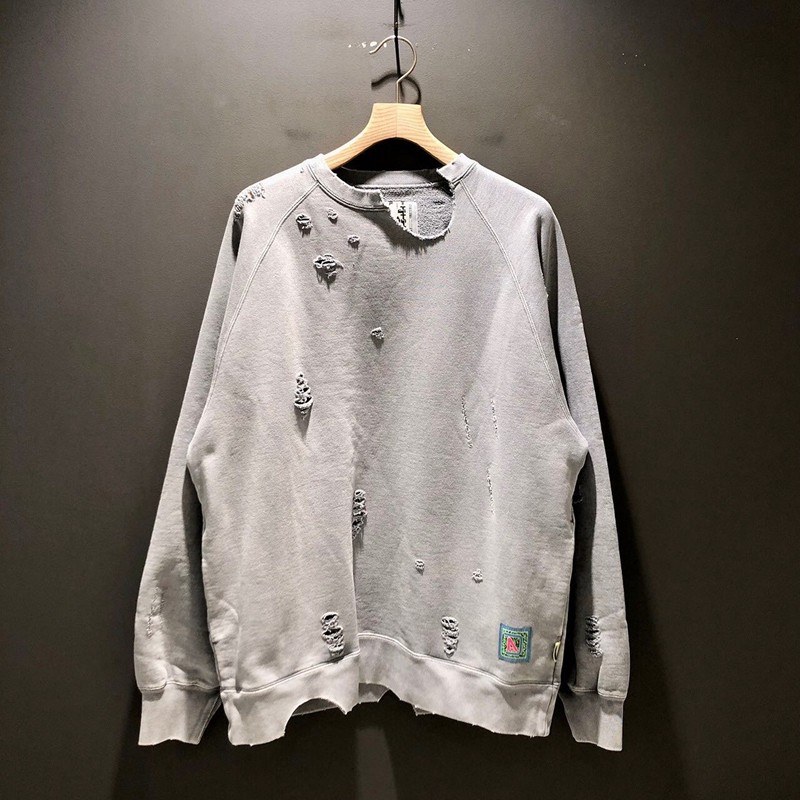 BEAMS SSZ 23SS BORO CREW 全棉宽松廓形水洗做旧破坏圆领卫衣